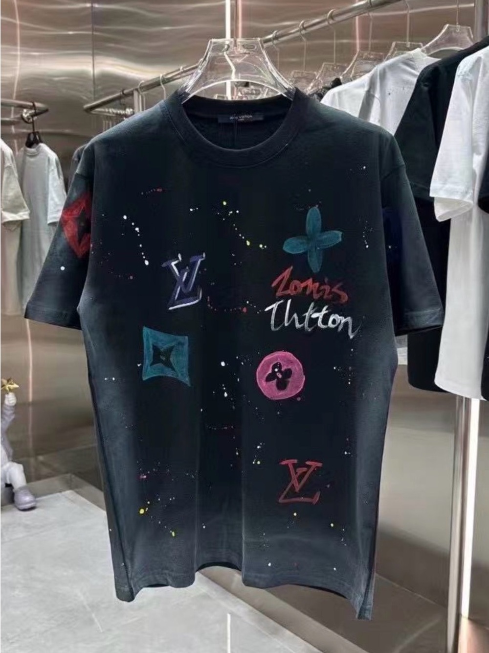 Louis Vuitton Black Crewneck T-Shirt with Multicolor Logo Motifs